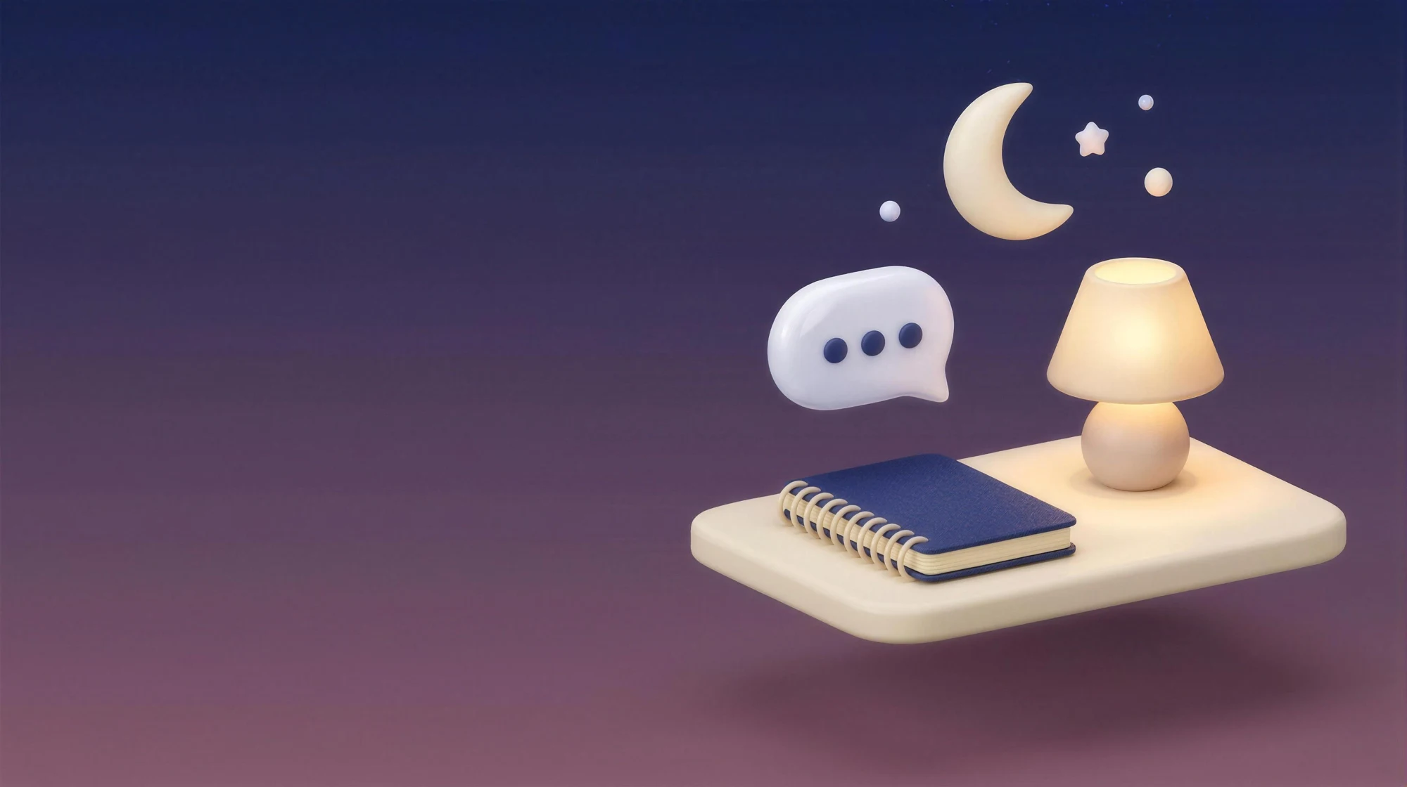 A notebook and message bubble beside a warm lamp under a quiet night sky.